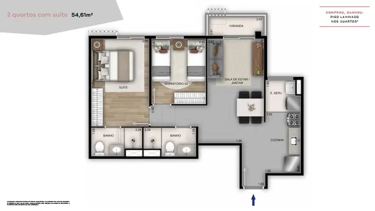 Planta de 2 quartos com suíte do Américas 19