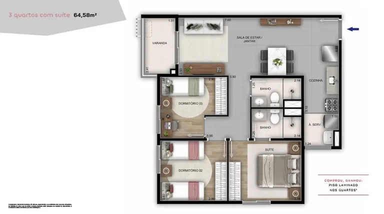 Planta de 3 quartos com suíte do Américas 19