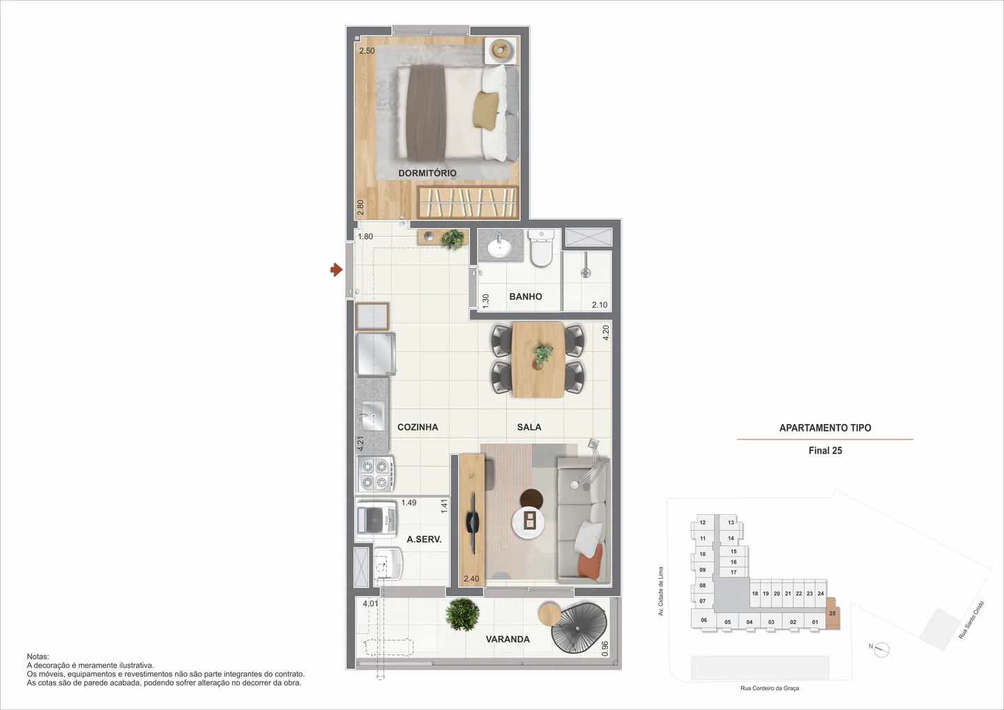 Planta ilustrativa do apartamento de 1 quarto de 33,77 m² do Arcos do Porto