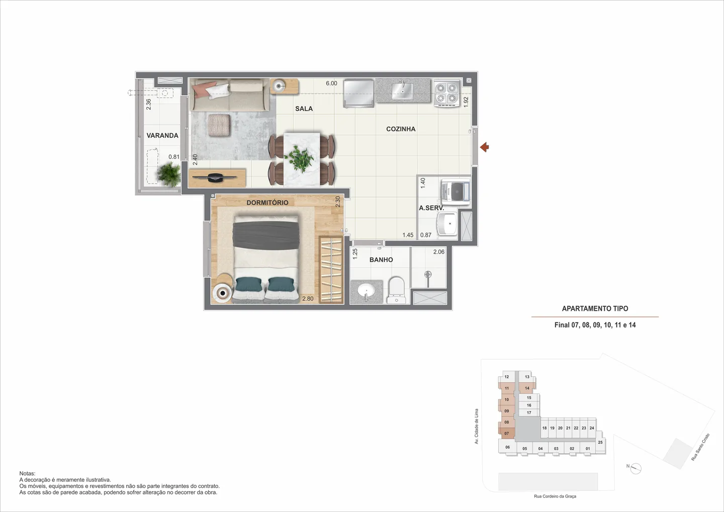 Planta ilustrativa do apartamento de 1 quarto de 38,99 m² do Arcos do Porto