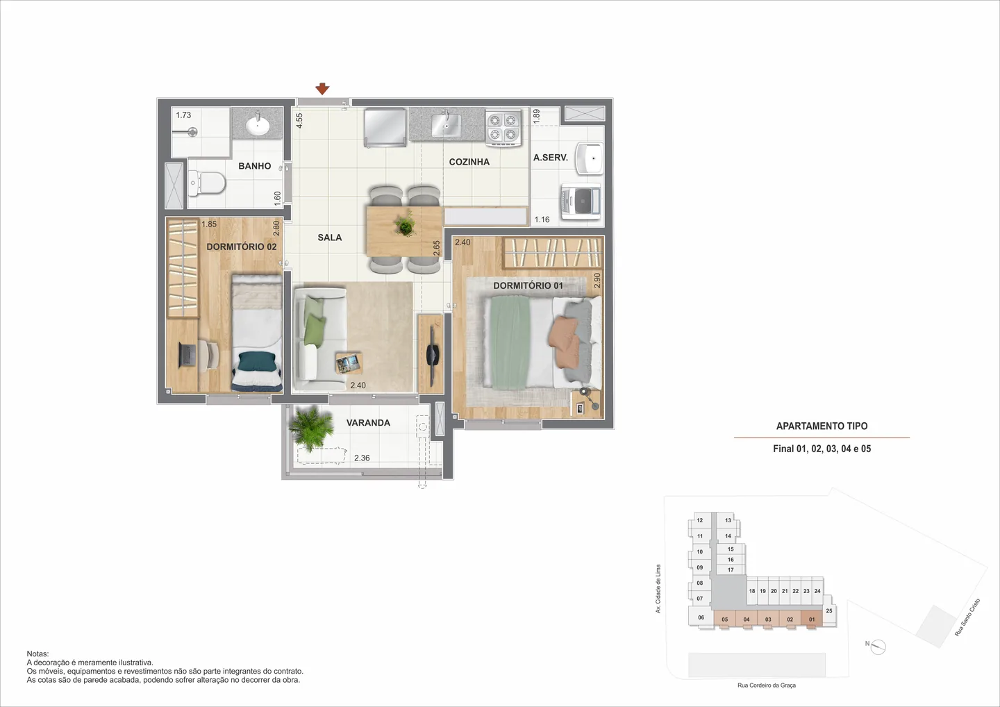 Planta ilustrativa do apartamento de 2 quartos de 38,58 m² do Arcos do Porto