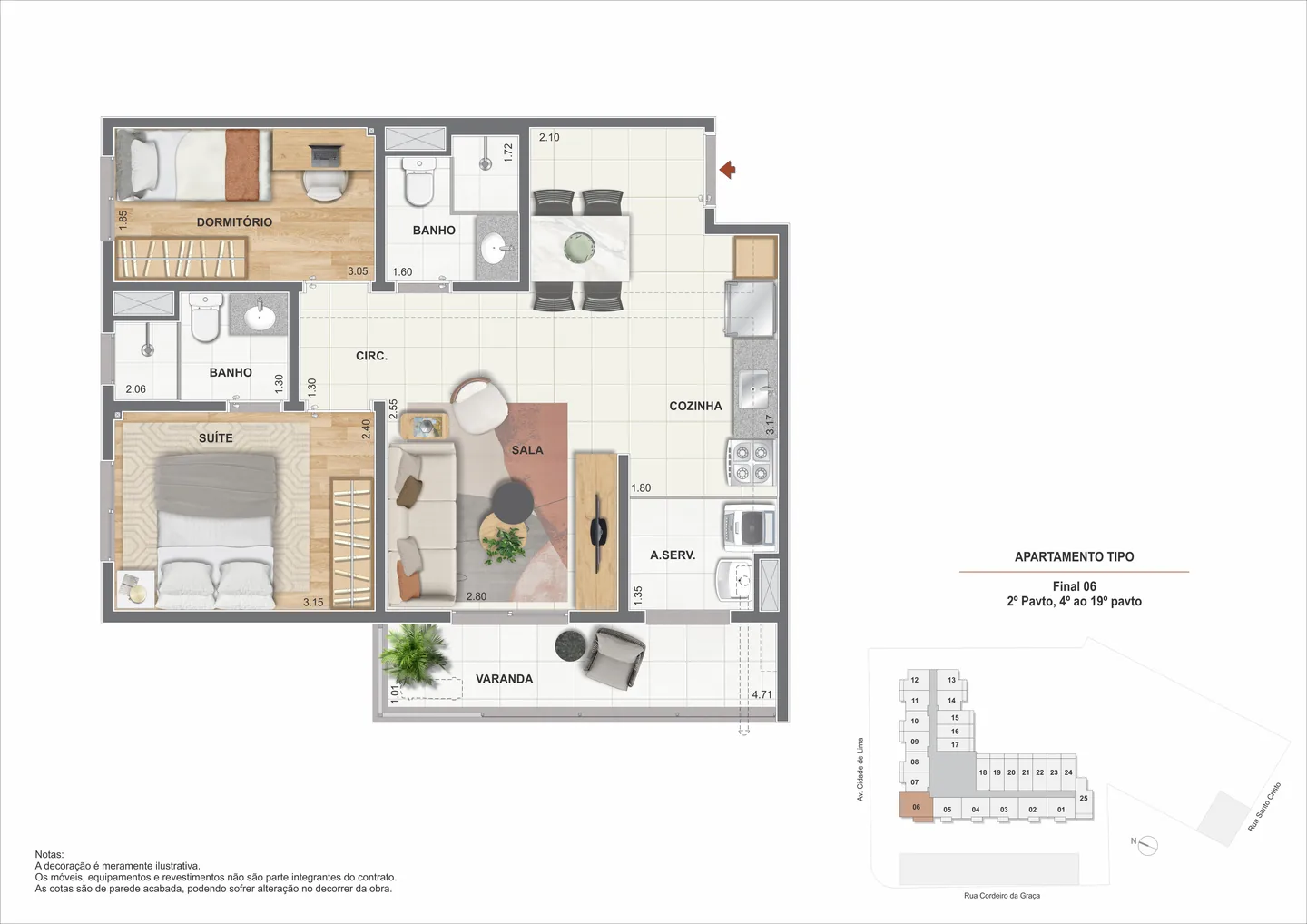 Planta ilustrativa do apartamento de 2 quartos com suíte de 55,37 m² do Arcos do Porto