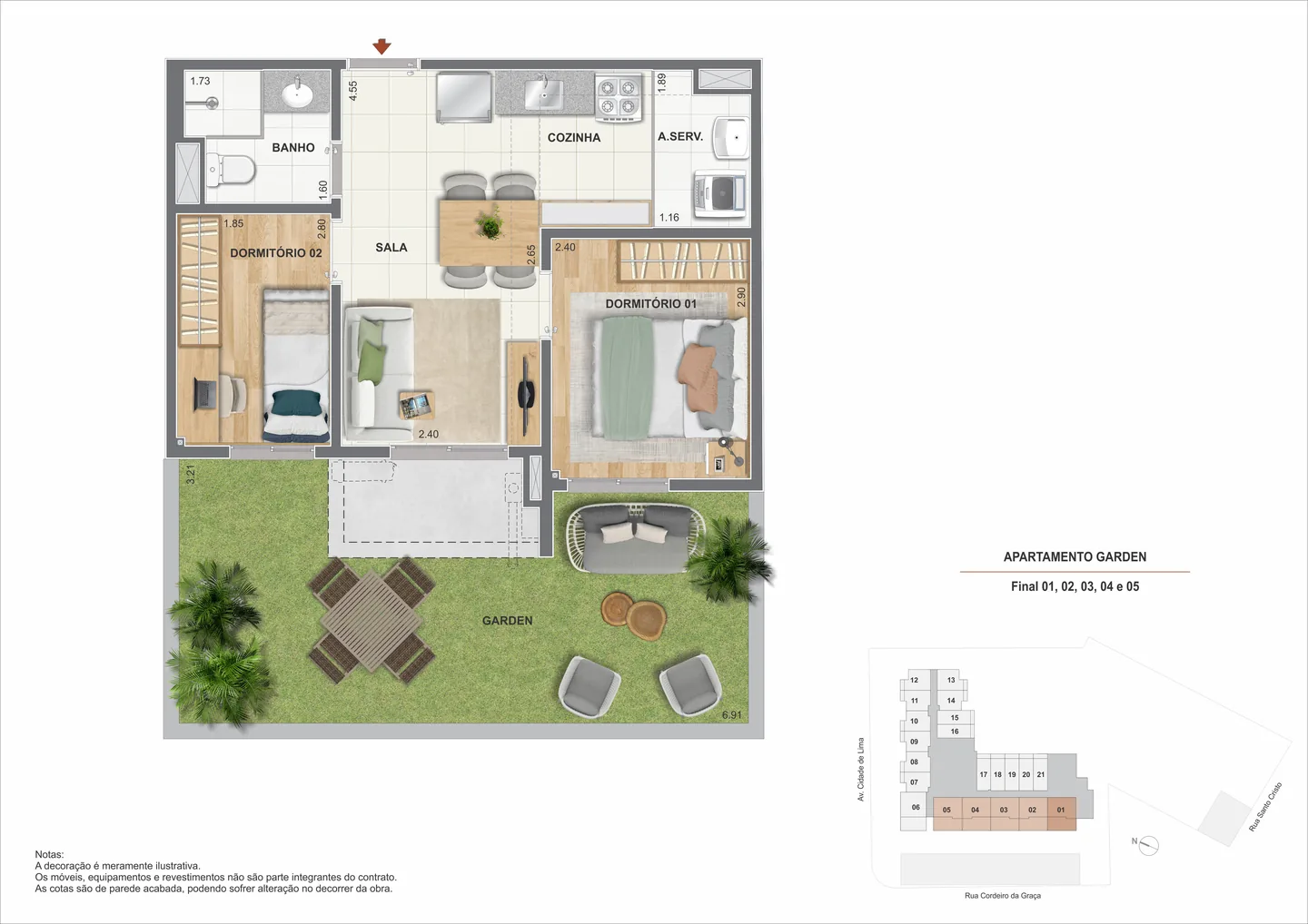 Planta ilustrativa do garden de 2 quartos de 59,08 m² do Arcos do Porto
