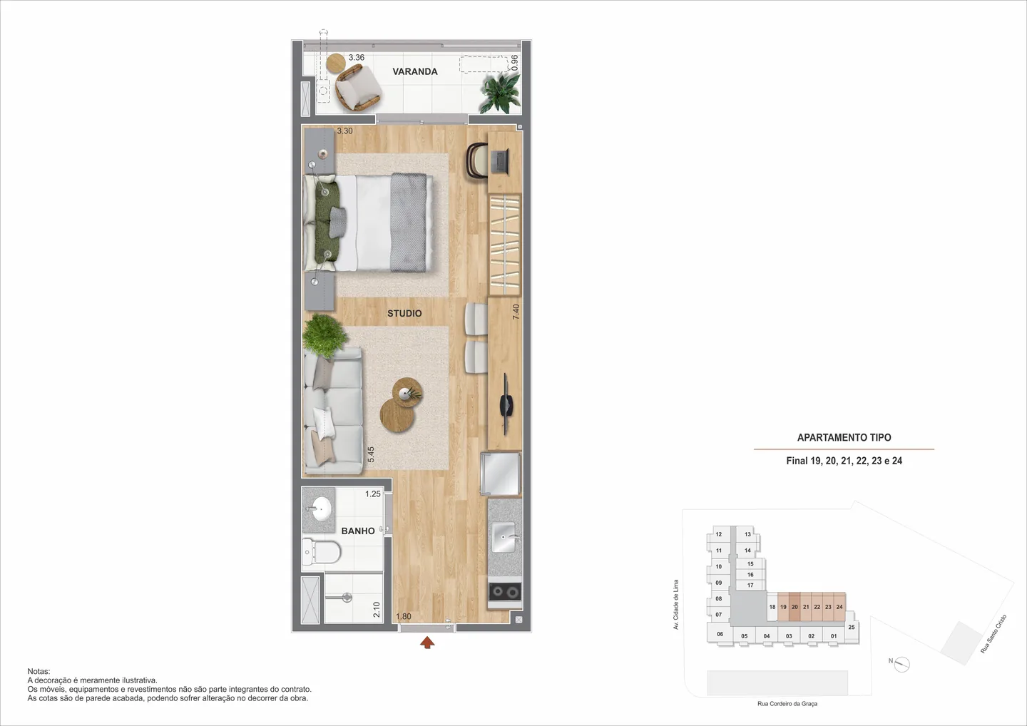 Planta ilustrativa do studio de 32,44 m² do Arcos do Porto