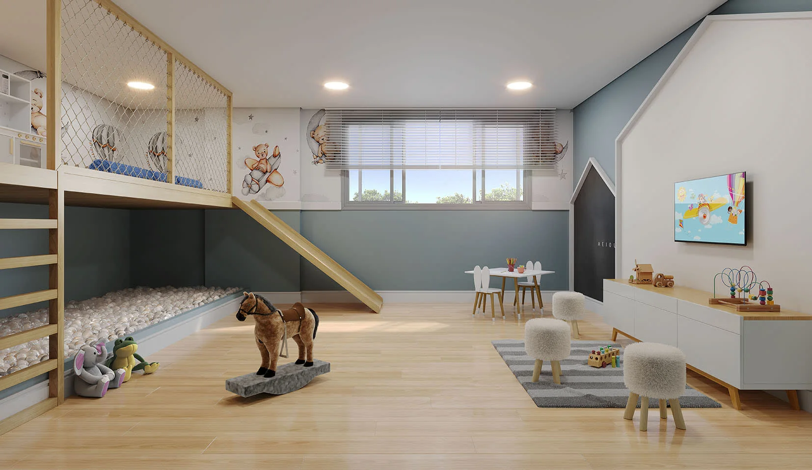 Perspectiva ilustrativa de brinquedoteca do Baía de Guanabara Residences, em Santo Cristo, no Rio de Janeiro