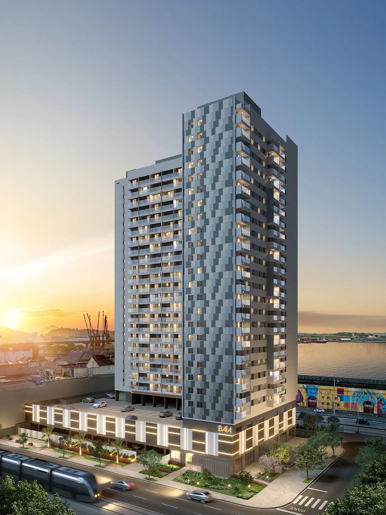 Perspectiva ilustrativa de fachada do Baía de Guanabara Residences, em Santo Cristo, no Rio de Janeiro