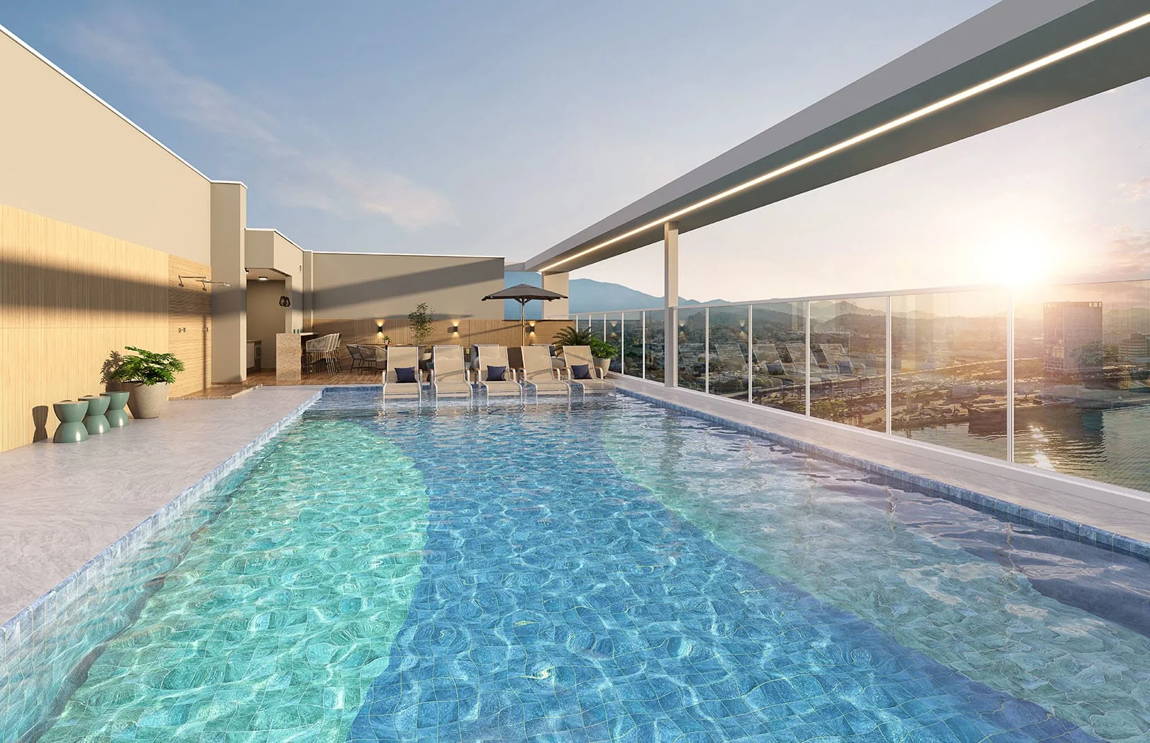 Perspectiva ilustrativa de piscina do Baía de Guanabara Residences, em Santo Cristo, no Rio de Janeiro