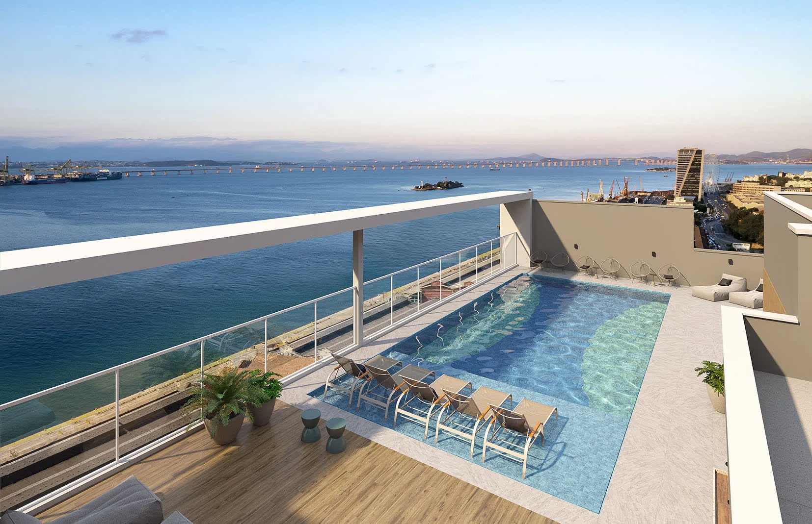 Perspectiva ilustrativa de piscina do Baía de Guanabara Residences, em Santo Cristo, no Rio de Janeiro