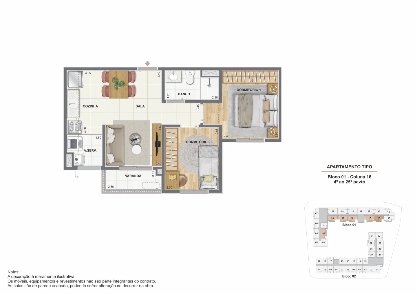 Planta de 2 quartos com varanda de 42,55 m²