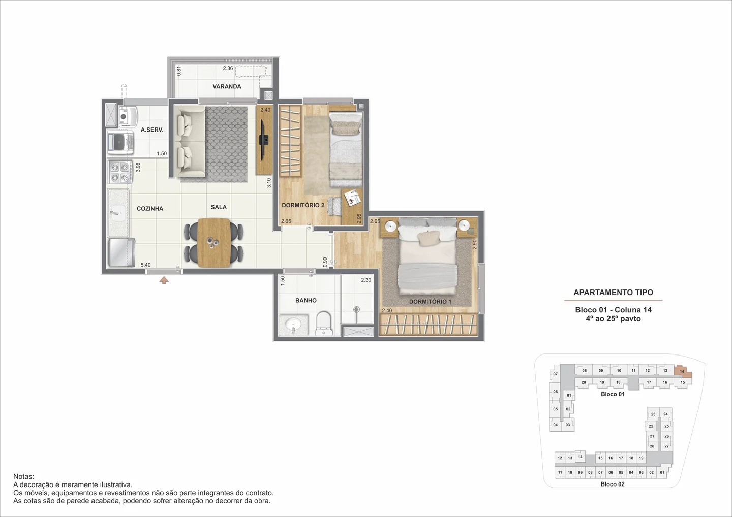 Planta de 2 quartos com varanda de 42,89 m²