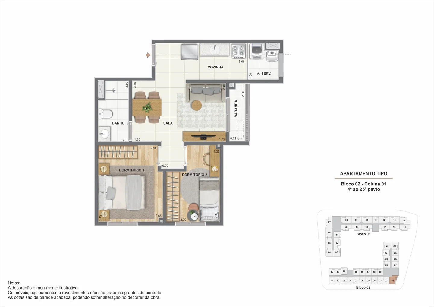 Planta de 2 quartos com varanda de 43,51 m²