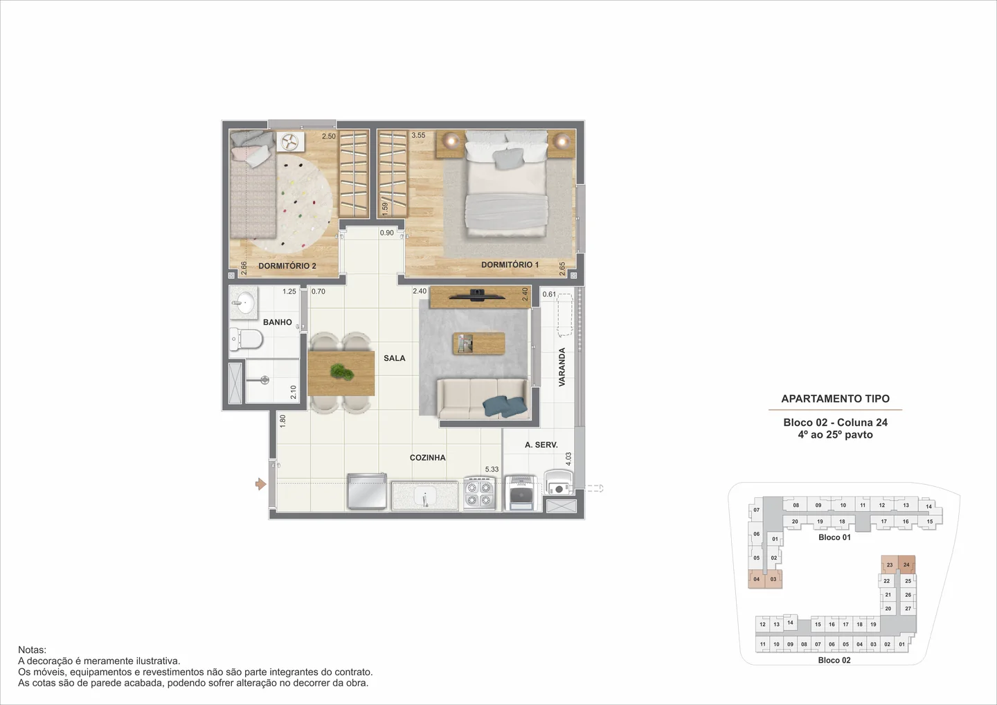 Planta de 2 quartos com varanda de 43,62 m²