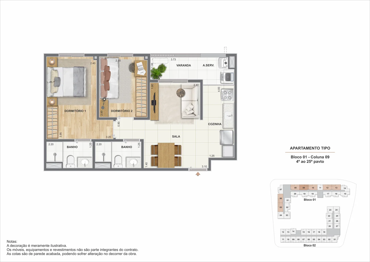 Planta de 2 quartos com suíte e varanda de 51,30 m²