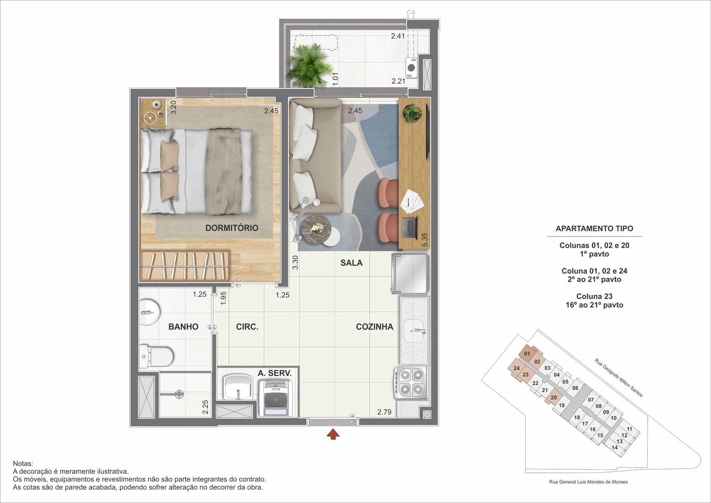 Planta ilustrativa do apartamento de 1 quarto da Colombina