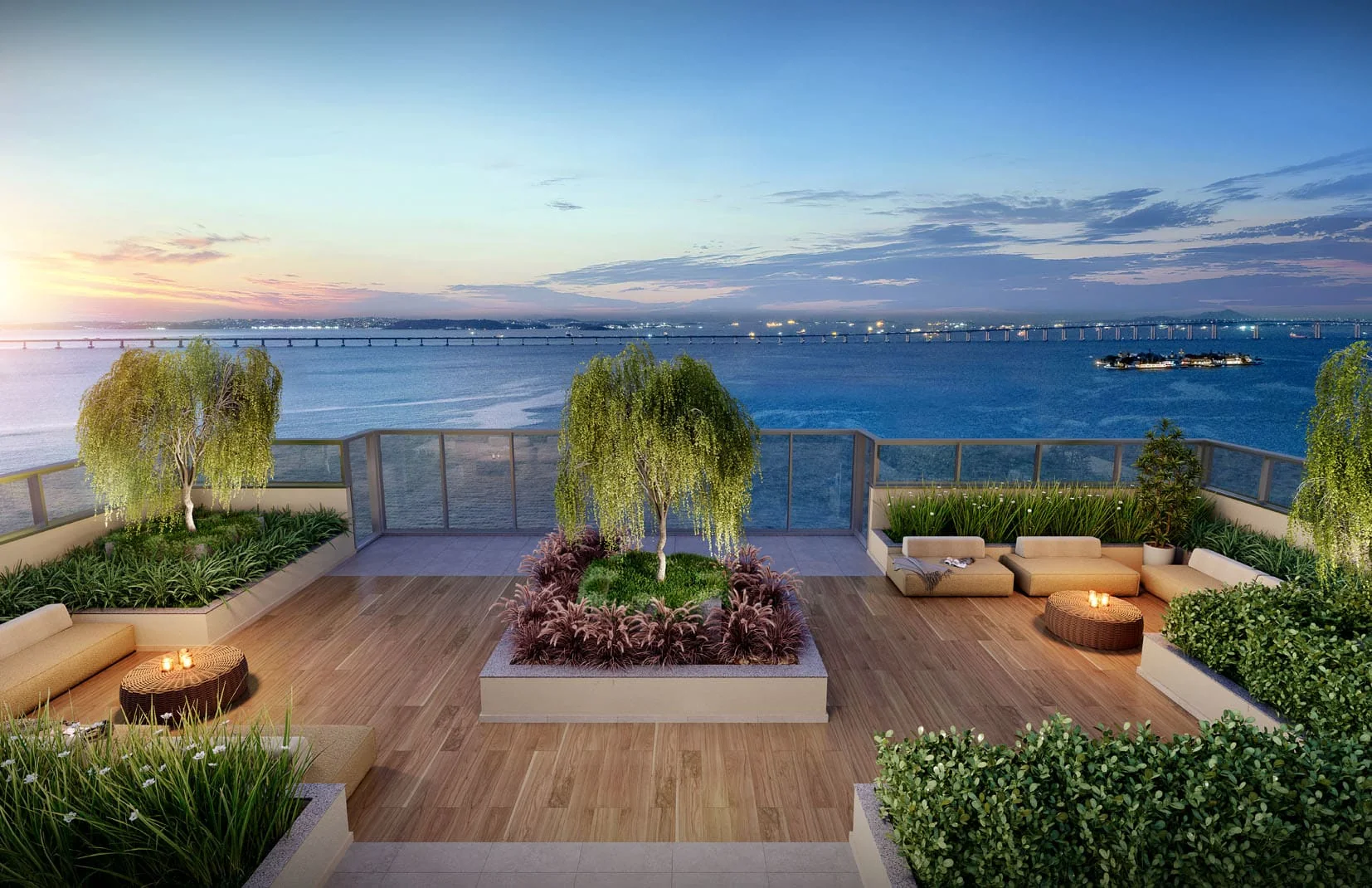 Vista de referência para a Baía de Guanabara a partir do mirante do Orla Mauá, usada para apresentar o contexto de orla do futuro Erê Residencial