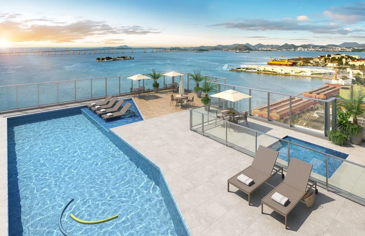 Piscina e rooftop do Orla Mauá usados como referência de lazer com vista para contextualizar o Erê Residencial no Porto Maravilha