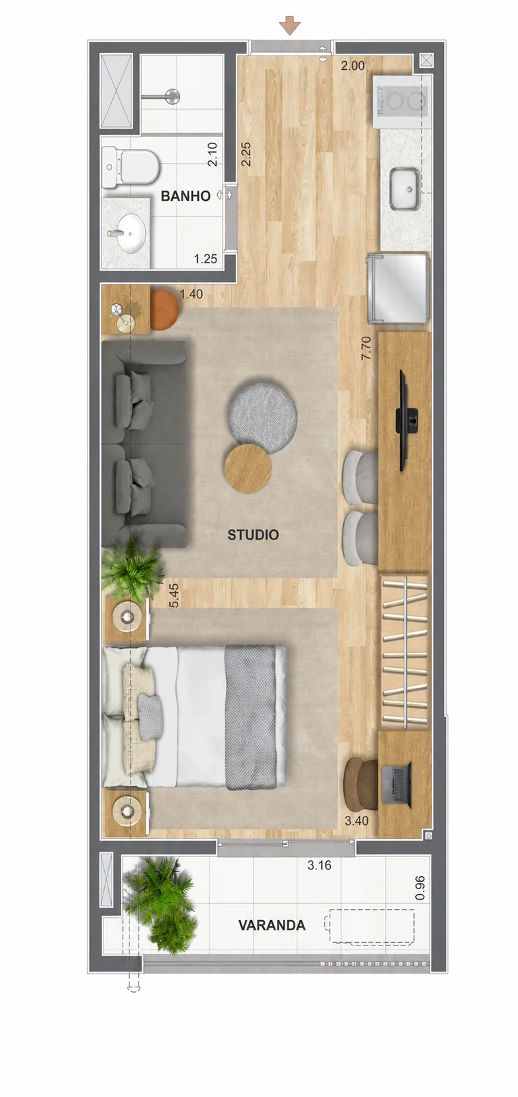 Planta studio do Farol da Guanabara como referência do padrão esperado para o Erê Residencial no Porto Maravilha