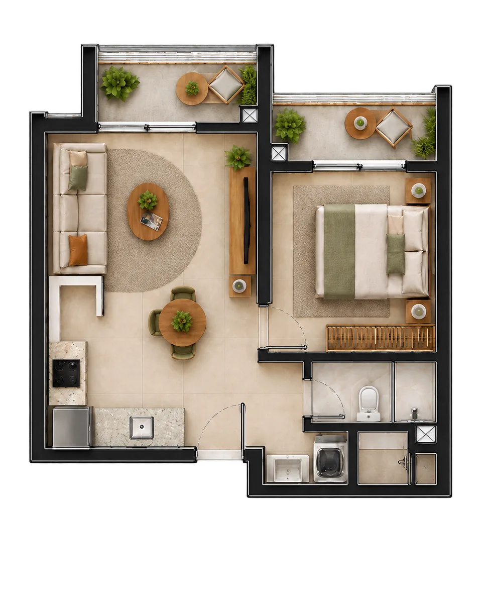 Planta ilustrada de 1 quarto com 38,26 metros quadrados do Erê Residencial