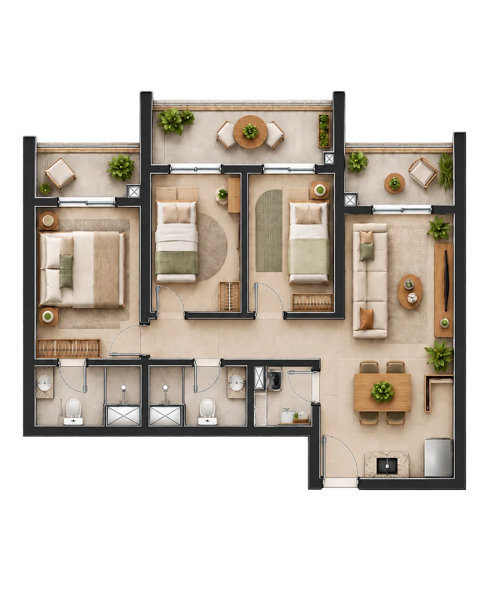 Planta ilustrada de 3 quartos com 71,64 metros quadrados do Erê Residencial