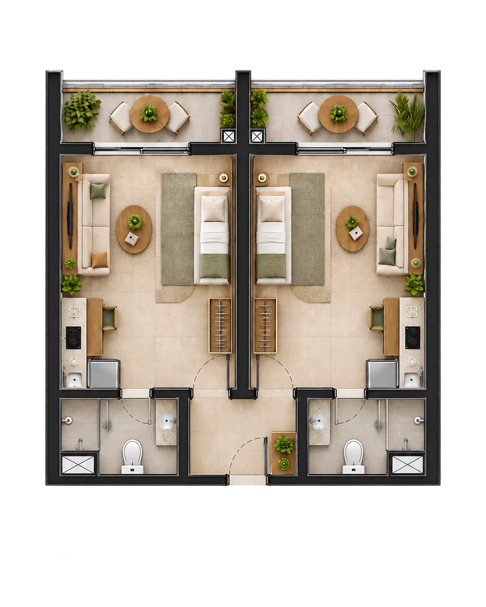 Planta ilustrada da double suíte de 60,30 metros quadrados do Erê Residencial