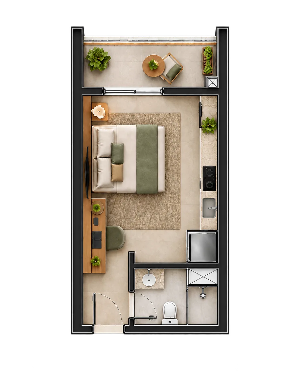 Planta ilustrada do studio de 33,50 metros quadrados do Erê Residencial