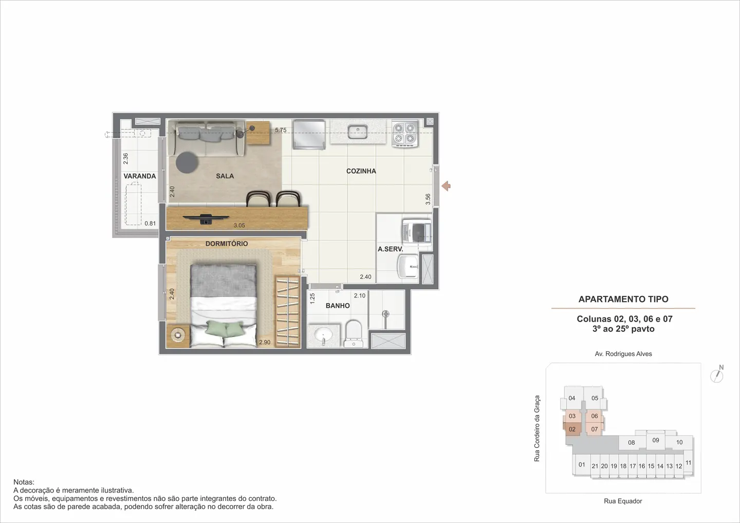 Planta ilustrativa do apartamento de 1 quarto com varanda de 33,03 m²