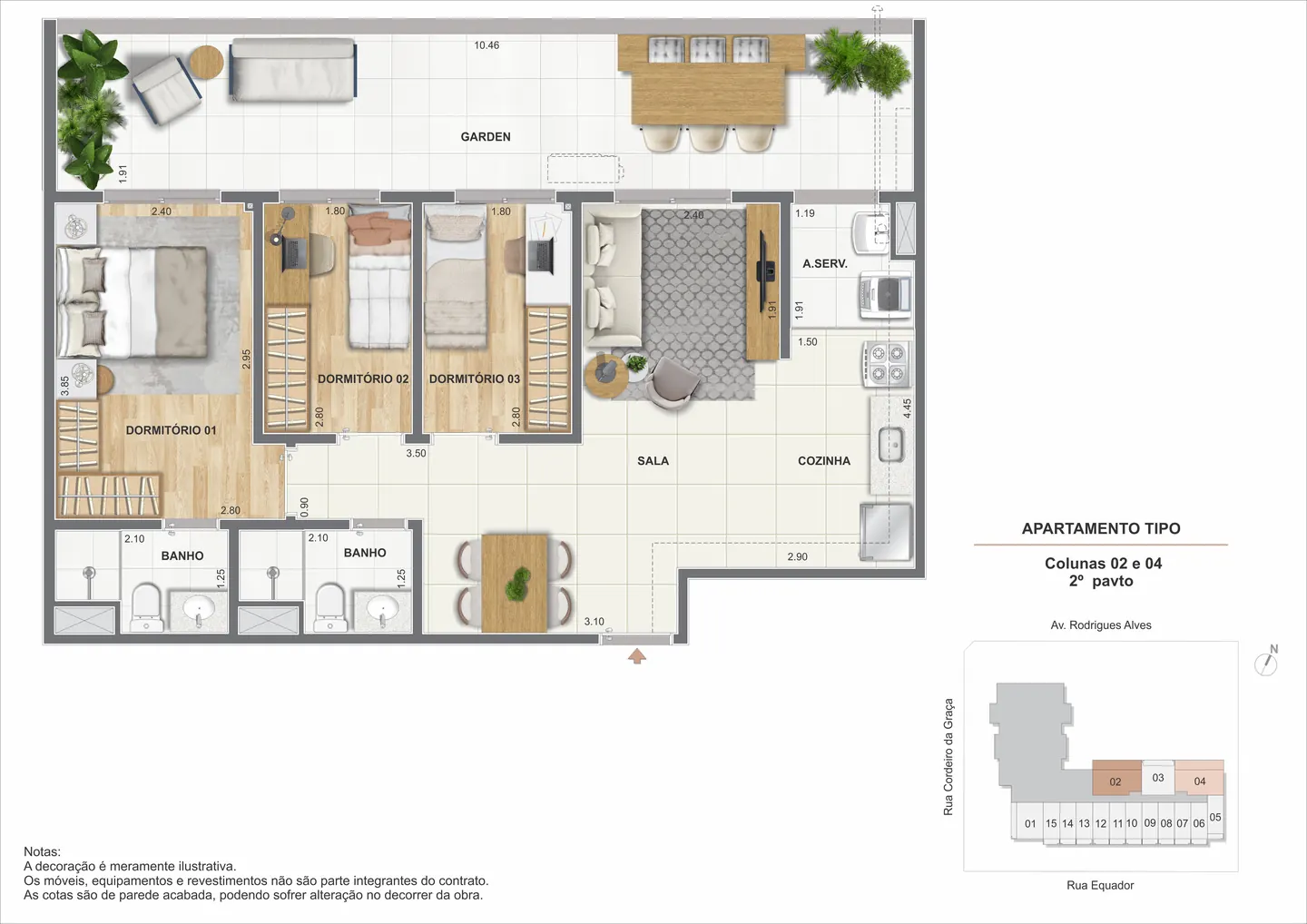 Planta ilustrativa do apartamento de 3 quartos com suíte e varanda de 66,09 m²