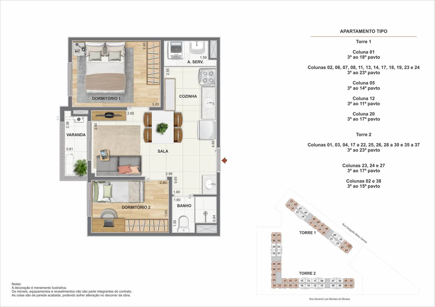 Planta ilustrativa de 2 quartos de 39,50 m² do Heitor dos Prazeres