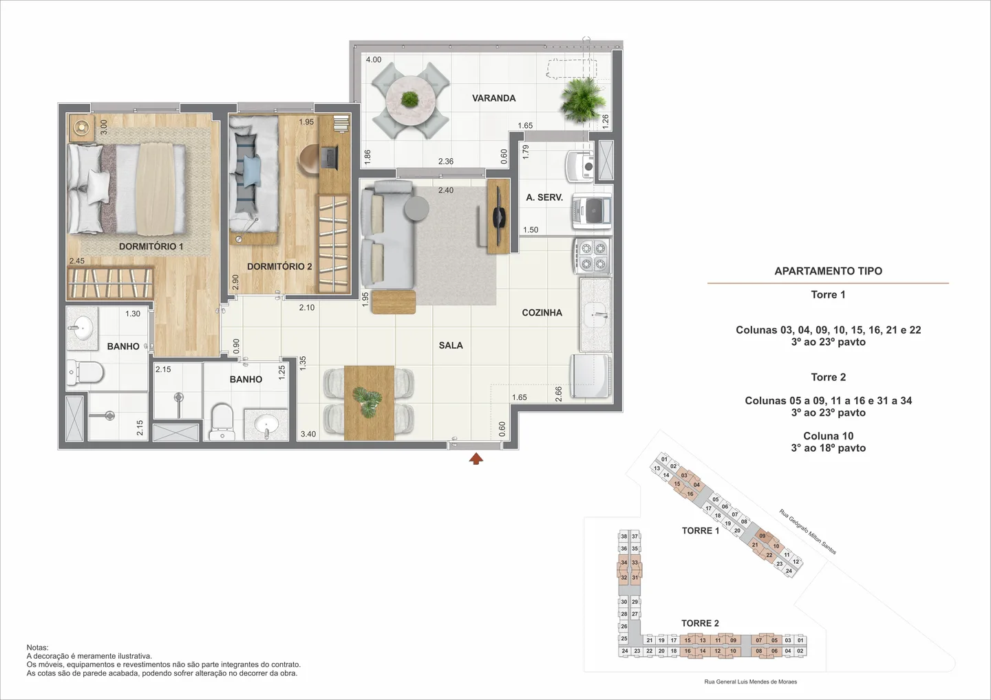 Planta ilustrativa de 2 quartos de 53,12 m² do Heitor dos Prazeres