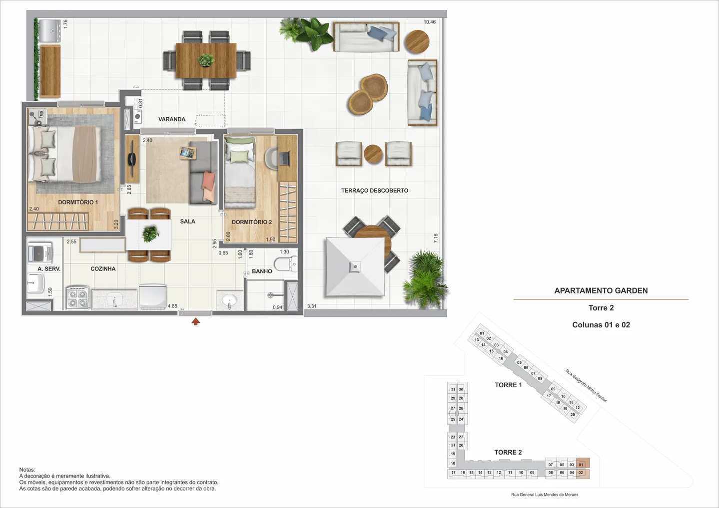Planta ilustrativa de garden de 2 quartos de 66,50 m² do Heitor dos Prazeres