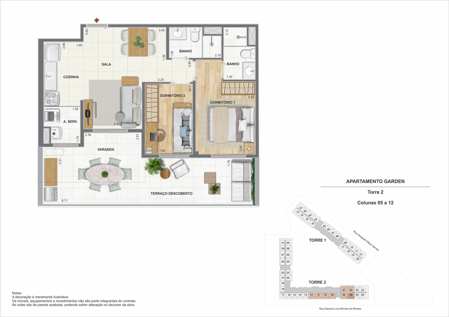 Planta ilustrativa de garden de 2 quartos de 80,28 m² do Heitor dos Prazeres