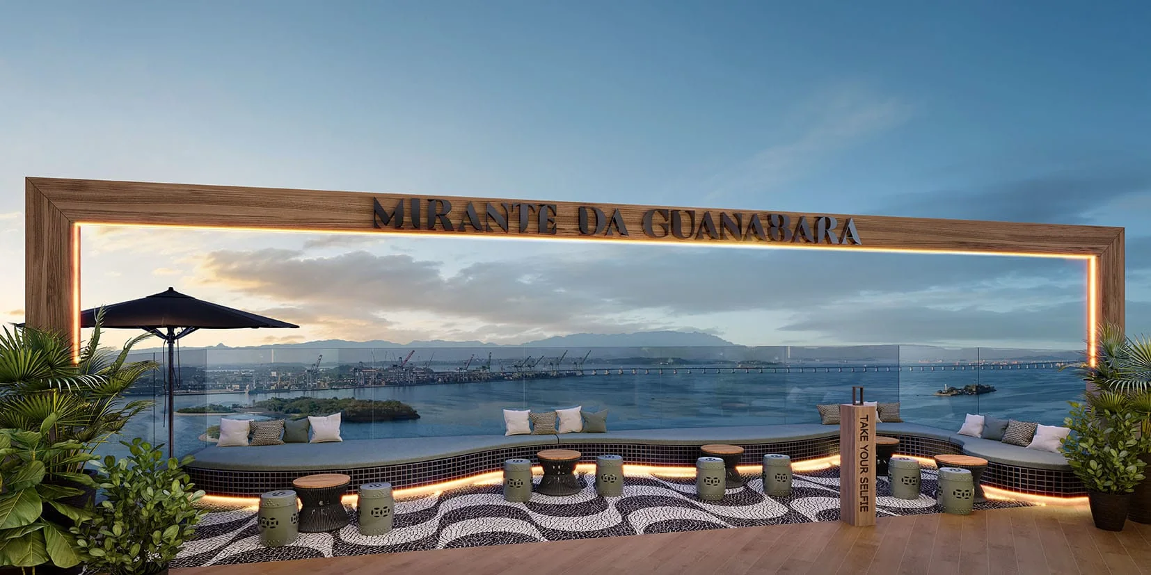 Perspectiva ilustrativa de lounge do Mirante da Guanabara, em Santo Cristo, no Rio de Janeiro