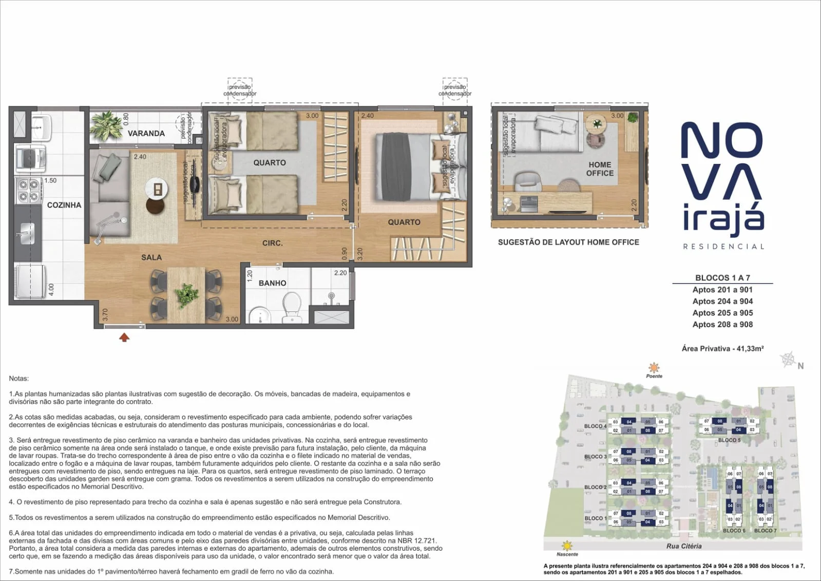 2 quartos com varanda · 41,33 m², ilustração de referência do Nova Irajá.