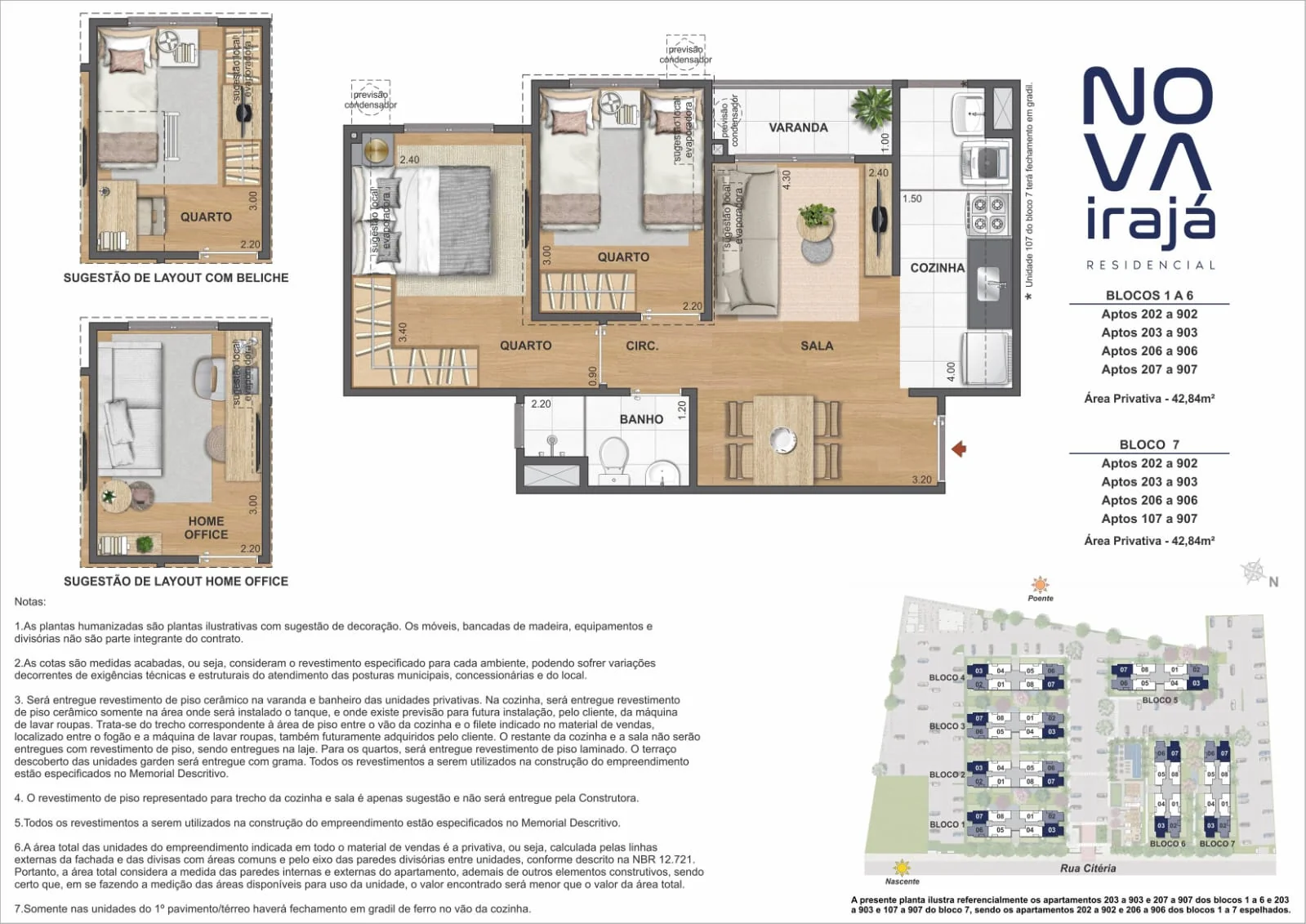 2 quartos com varanda · 42,84 m², ilustração de referência do Nova Irajá.