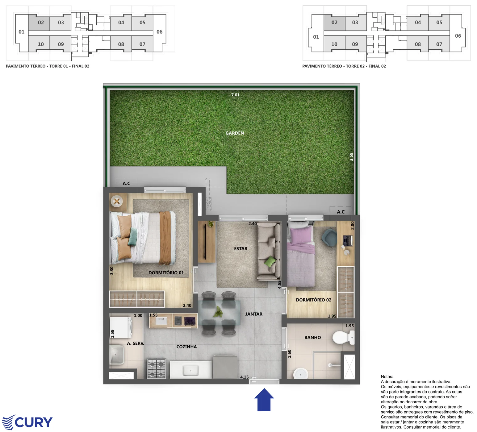 Planta ilustrativa de 2 quartos com garden do Nova Norte Ginga