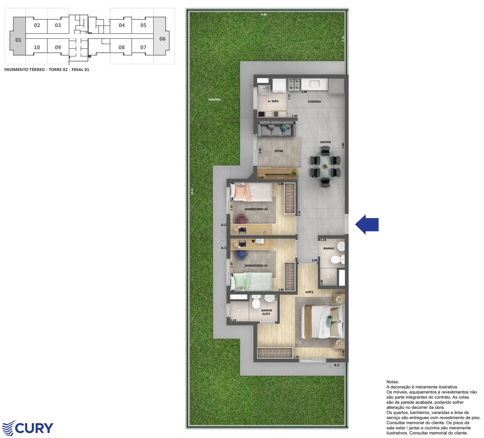 Planta ilustrativa de 3 quartos do Nova Norte Ginga