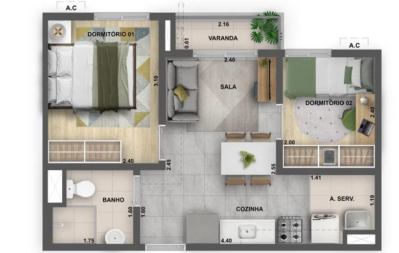 Planta ilustrativa de 2 quartos do Nova Norte Raízes