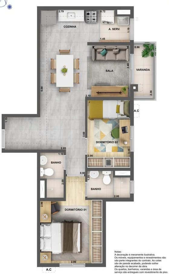 Planta ilustrativa de 2 quartos com suíte do Nova Norte Raízes