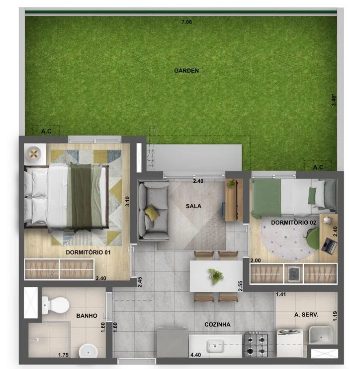 Planta ilustrativa de 2 quartos garden do Nova Norte Raízes