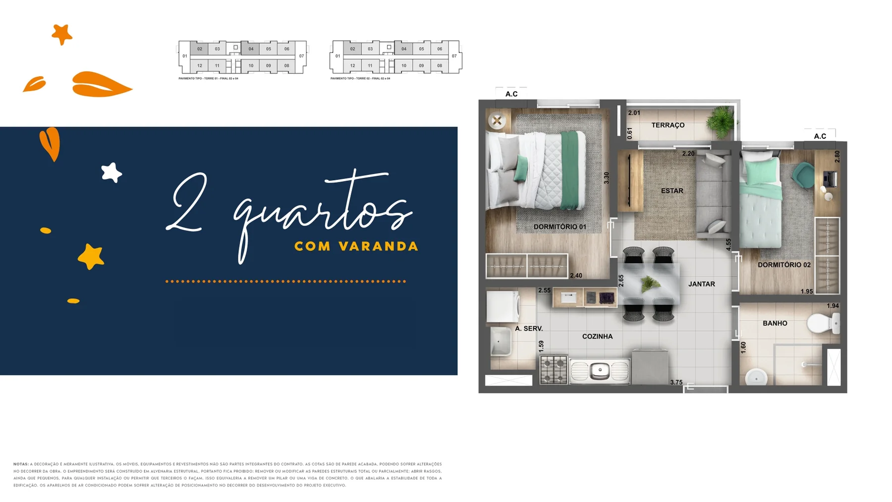 Planta ilustrativa de 2 quartos com varanda do Nova Norte Samba