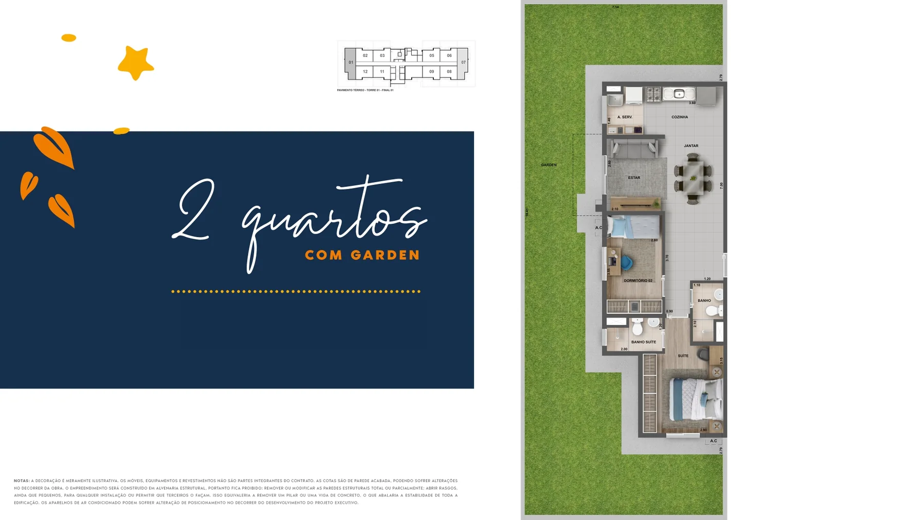 Planta ilustrativa de 2 quartos garden do Nova Norte Samba