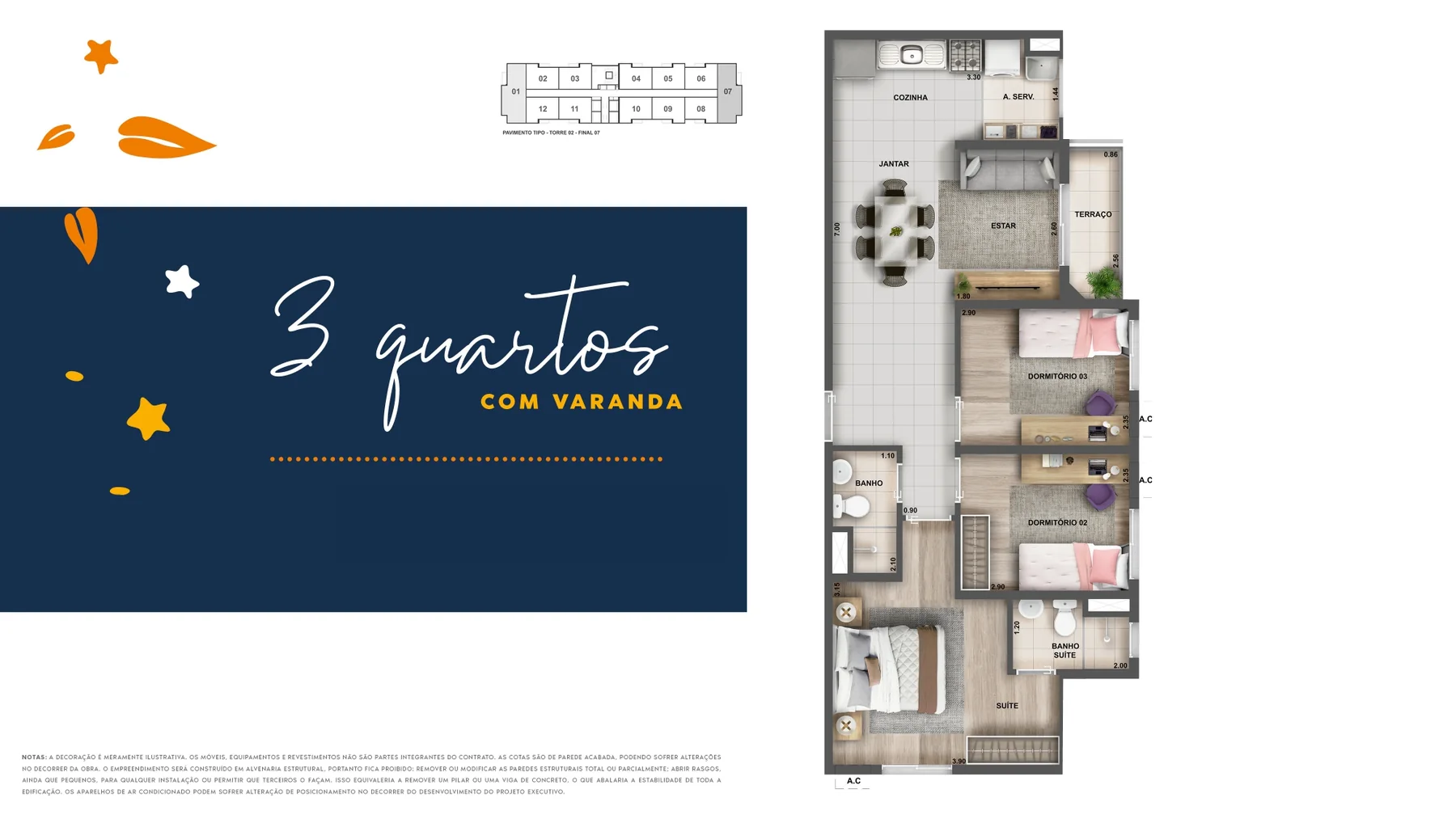 Planta ilustrativa de 3 quartos com varanda do Nova Norte Samba