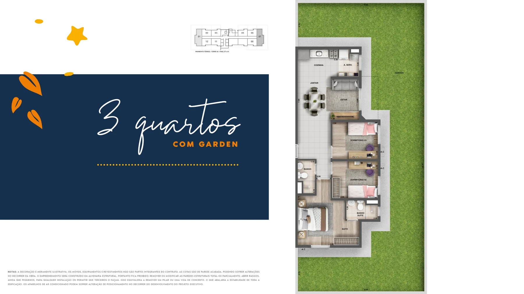 Planta ilustrativa de 3 quartos garden do Nova Norte Samba
