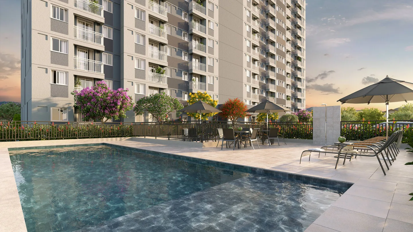 Perspectiva da piscina e das torres do Residencial Nova Olaria