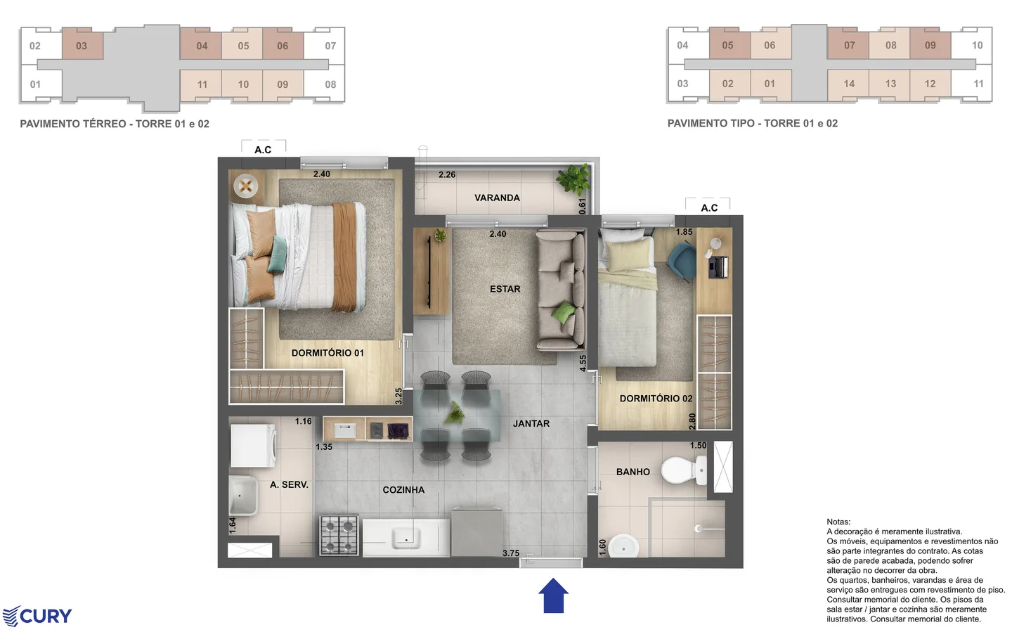 Planta tipo 01 de 2 quartos com varanda do Nova Olaria