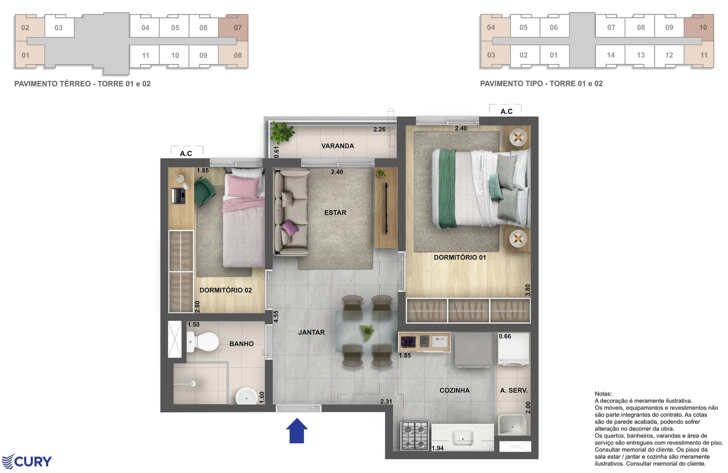 Planta tipo 02 de 2 quartos com varanda do Nova Olaria