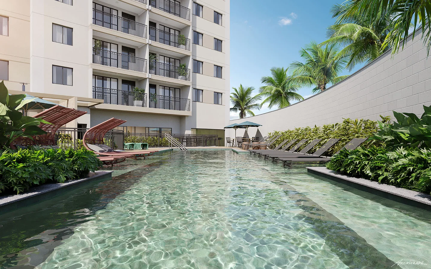 Piscina adulto com deck e espreguiçadeiras no projeto Origem Porto Imperial.