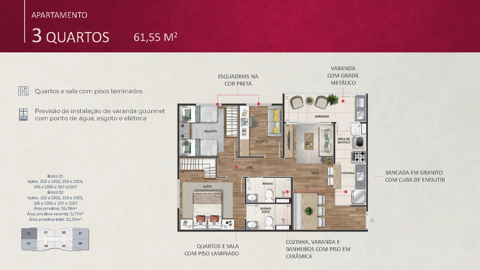 Planta de 3 quartos de 61,55 m² do Origem Porto Imperial, ilustração de referência.