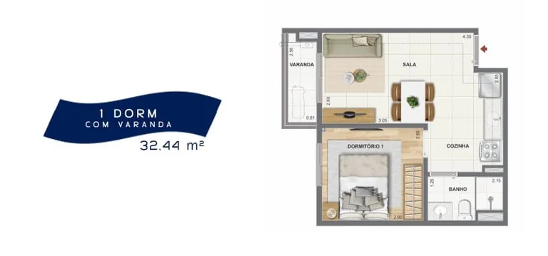 Planta de apartamento de 1 quarto com varanda entre 31 e 32 m² no Orla Central