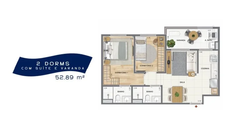 Planta de apartamento de 2 quartos com suíte e varanda de 52 m² no Orla Central